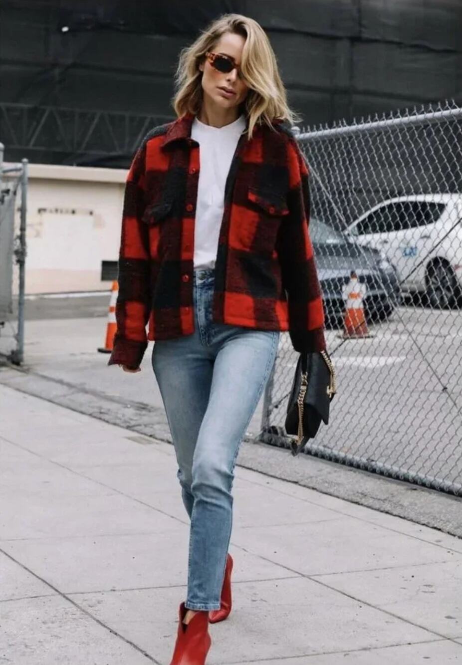 ANINE BING Bobbi Plaid Flannel Shirt Jacket Wool Red Black Shacket L